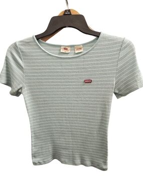 Levi’s Ribbed Striped Baby Tee Womens Size Small Blue White Slim Fit Top